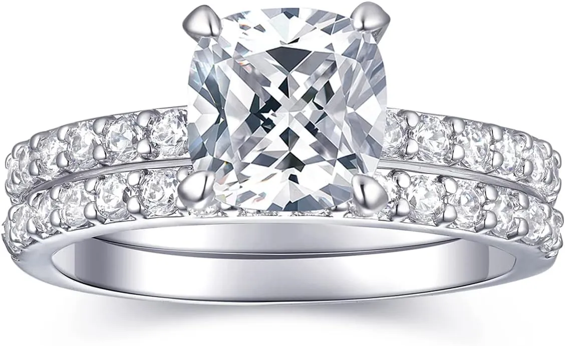 2CT Cushion Cut Engagement Rings for Women Fake Wedding Ring Band Promise Rings for Her, Sparkle CZ Ring Set 2 PCS, Size 4-11