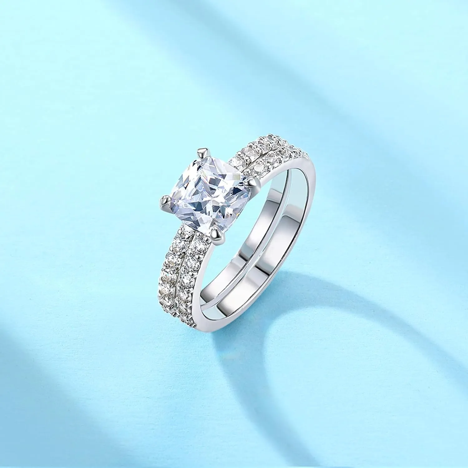 2CT Cushion Cut Engagement Rings for Women Fake Wedding Ring Band Promise Rings for Her, Sparkle CZ Ring Set 2 PCS, Size 4-11