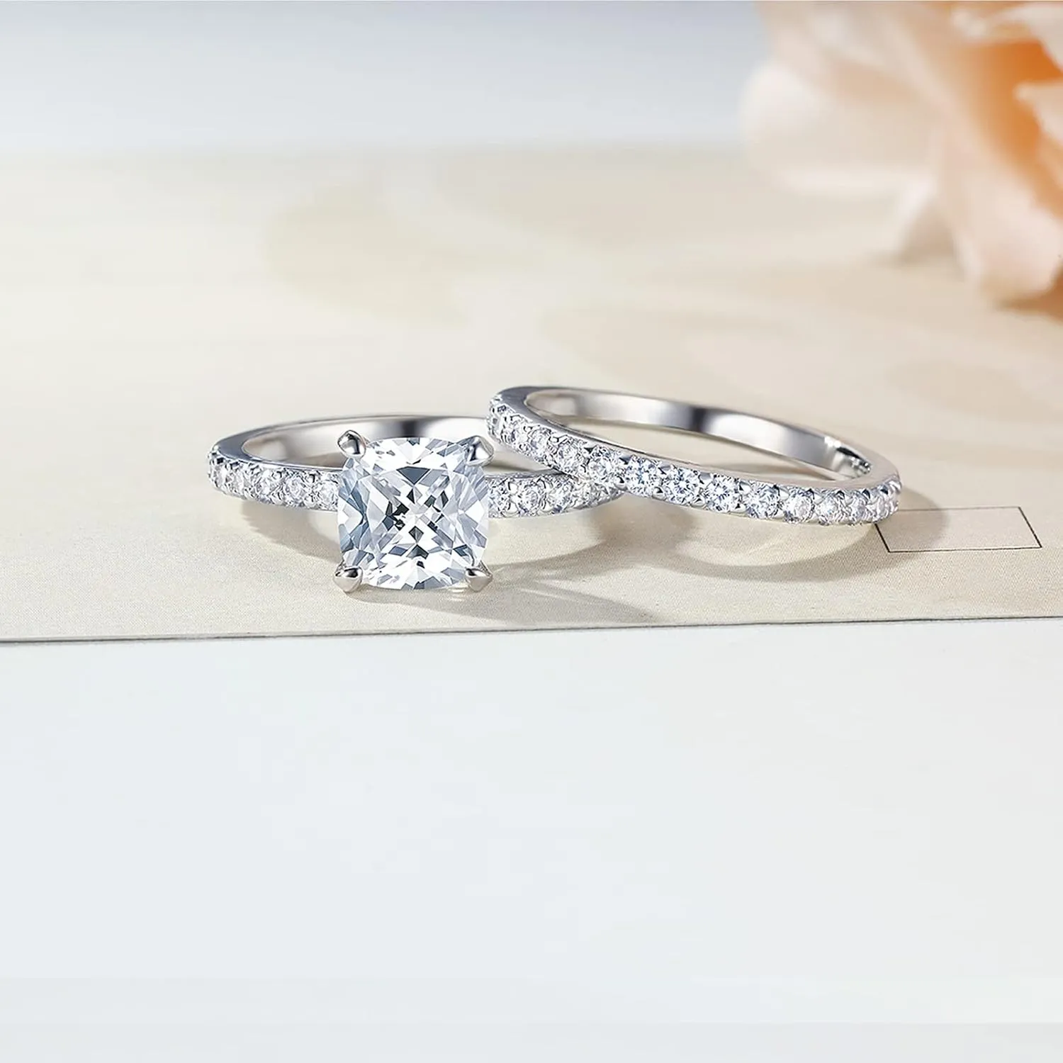 2CT Cushion Cut Engagement Rings for Women Fake Wedding Ring Band Promise Rings for Her, Sparkle CZ Ring Set 2 PCS, Size 4-11