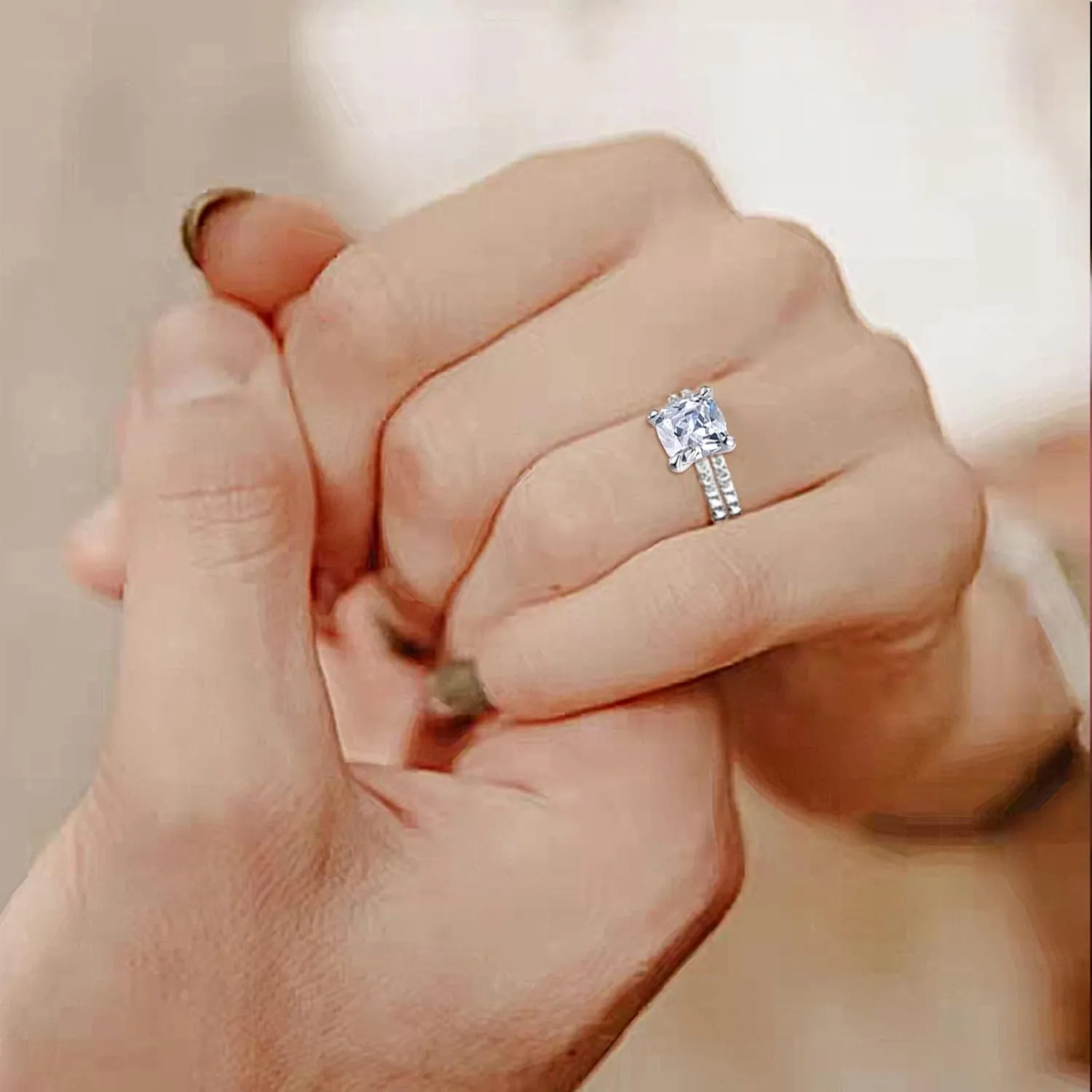2CT Cushion Cut Engagement Rings for Women Fake Wedding Ring Band Promise Rings for Her, Sparkle CZ Ring Set 2 PCS, Size 4-11