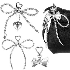 3 Pack Silver Bow Keychain Charms, Kawaii Bow Bag Charm, Y2K Charm Keychain Accessories Kawaii Backpack Pearl Bow Flying Design Bag Charm Beaded Bow Mobile Phone Pendant