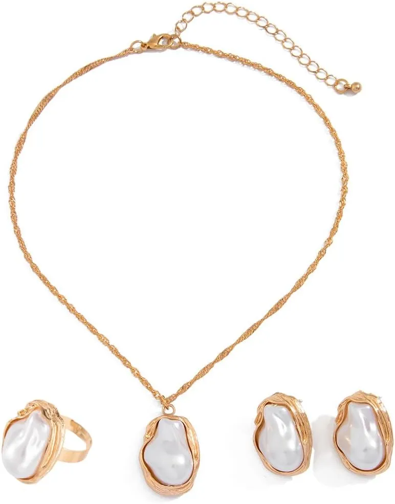 3 Pcs Pearl Necklace and Earrings Set for Women Baroque Pearl Jewelry Set Faux Pearl Choker Necklace Earrings Trendy Jewelry Birthday Holiday Gifts for Her