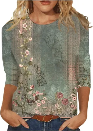 3/4 Length Sleeve Womens Tops 2025 Summer Print Round Neck Shirts Loose Fit Casual Three Quarter Sleeve Tshirts