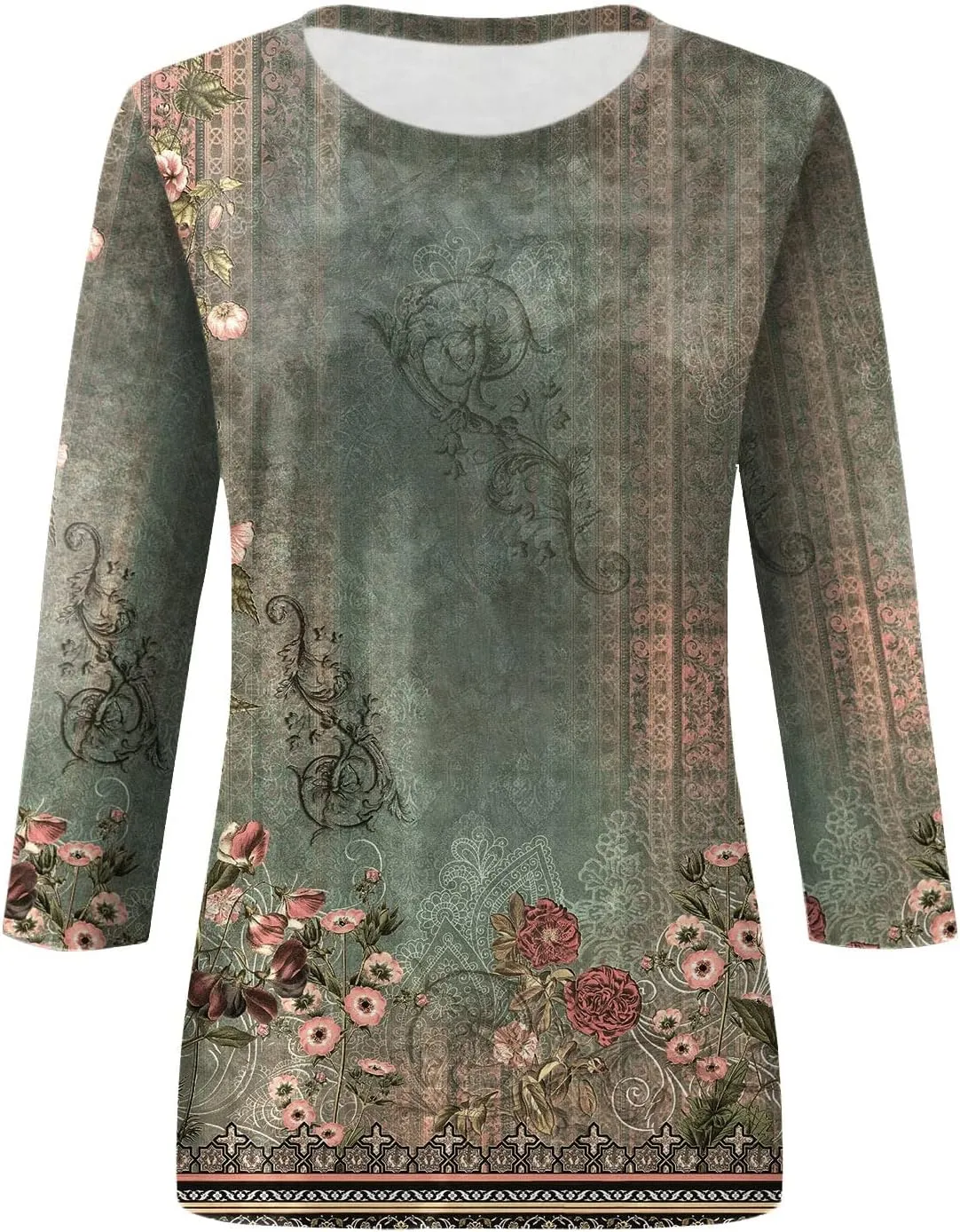 3/4 Length Sleeve Womens Tops 2025 Summer Print Round Neck Shirts Loose Fit Casual Three Quarter Sleeve Tshirts