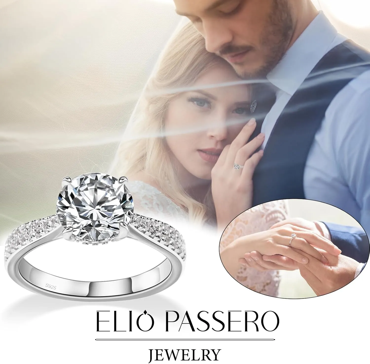 3CT Cubic Zirconia Engagement Rings for Women, S925 Sterling Silver with 18K White Gold Plated, Round/Oval/Cushion/Radiant Cut Wedding Bands Engagement Ring