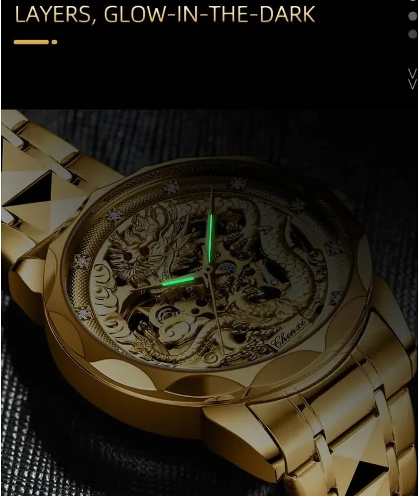 3D Embossed Dragon Pattern Golden Automatic Mechanical Stainless Steel Watch for Men Luxury Chinese Nation Culture and Art Business Watches