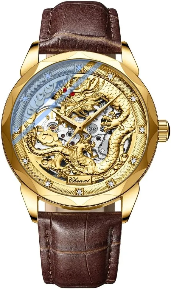 3D Embossed Dragon Pattern Golden Automatic Mechanical Stainless Steel Watch for Men Luxury Chinese Nation Culture and Art Business Watches