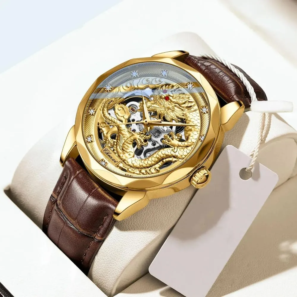 3D Embossed Dragon Pattern Golden Automatic Mechanical Stainless Steel Watch for Men Luxury Chinese Nation Culture and Art Business Watches