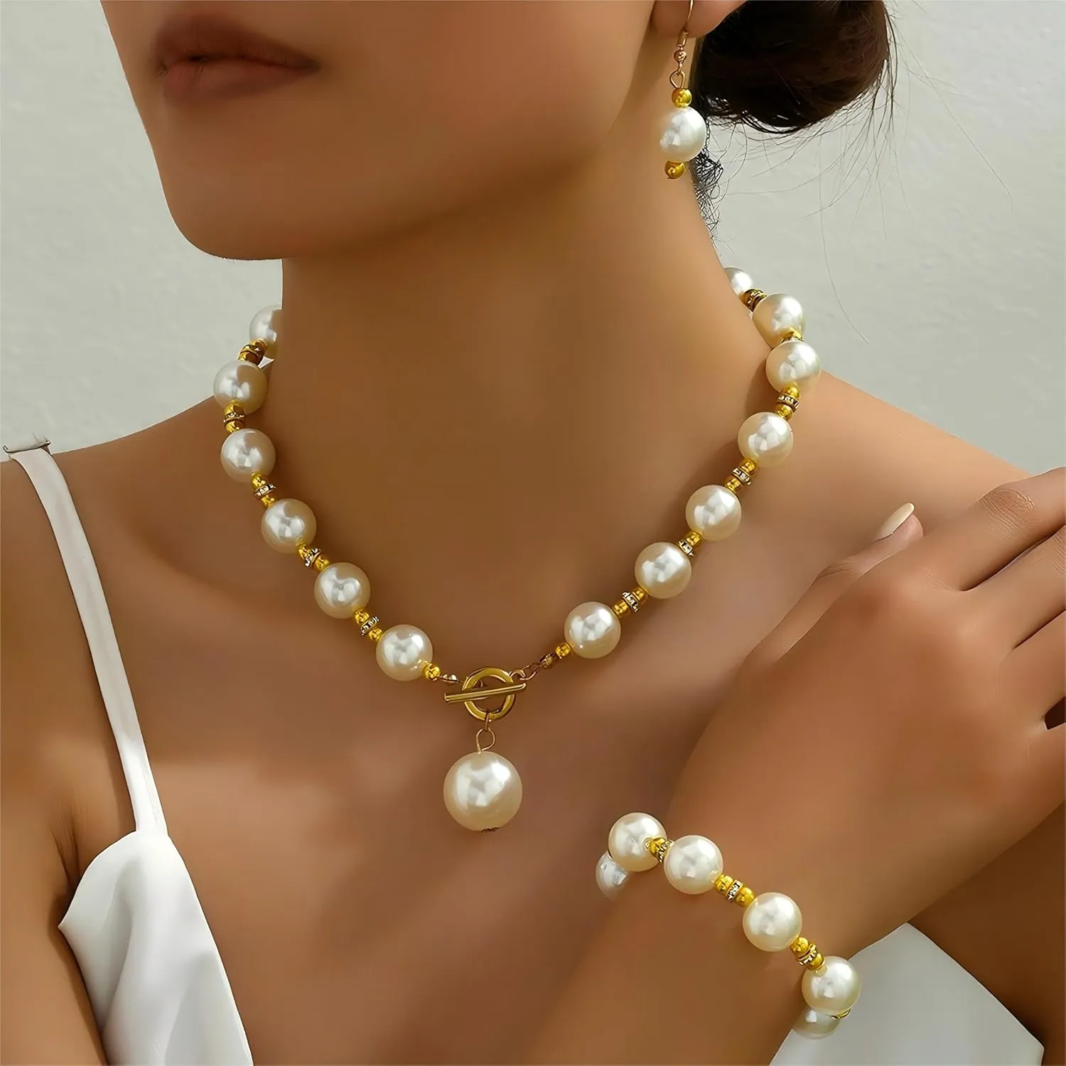 3PC 1920S Vintage Chunky Imitation Pearl Set Pearl Necklace Earrings Bracelet Set Christmas Wedding Birthday Valentine's Day Jewelry