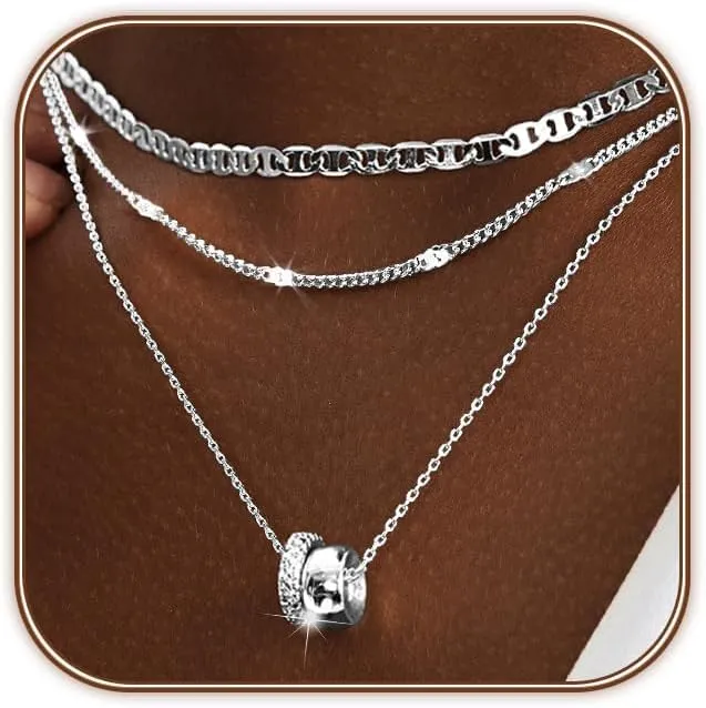 3PCS Women Layered CZ Rondelle Pendant Necklaces Choker Trendy 14K Gold Plated Chain Choker Dainty Two-Toned Cubic Zirconia Circle Rondelle Necklace for Women Gold Necklace