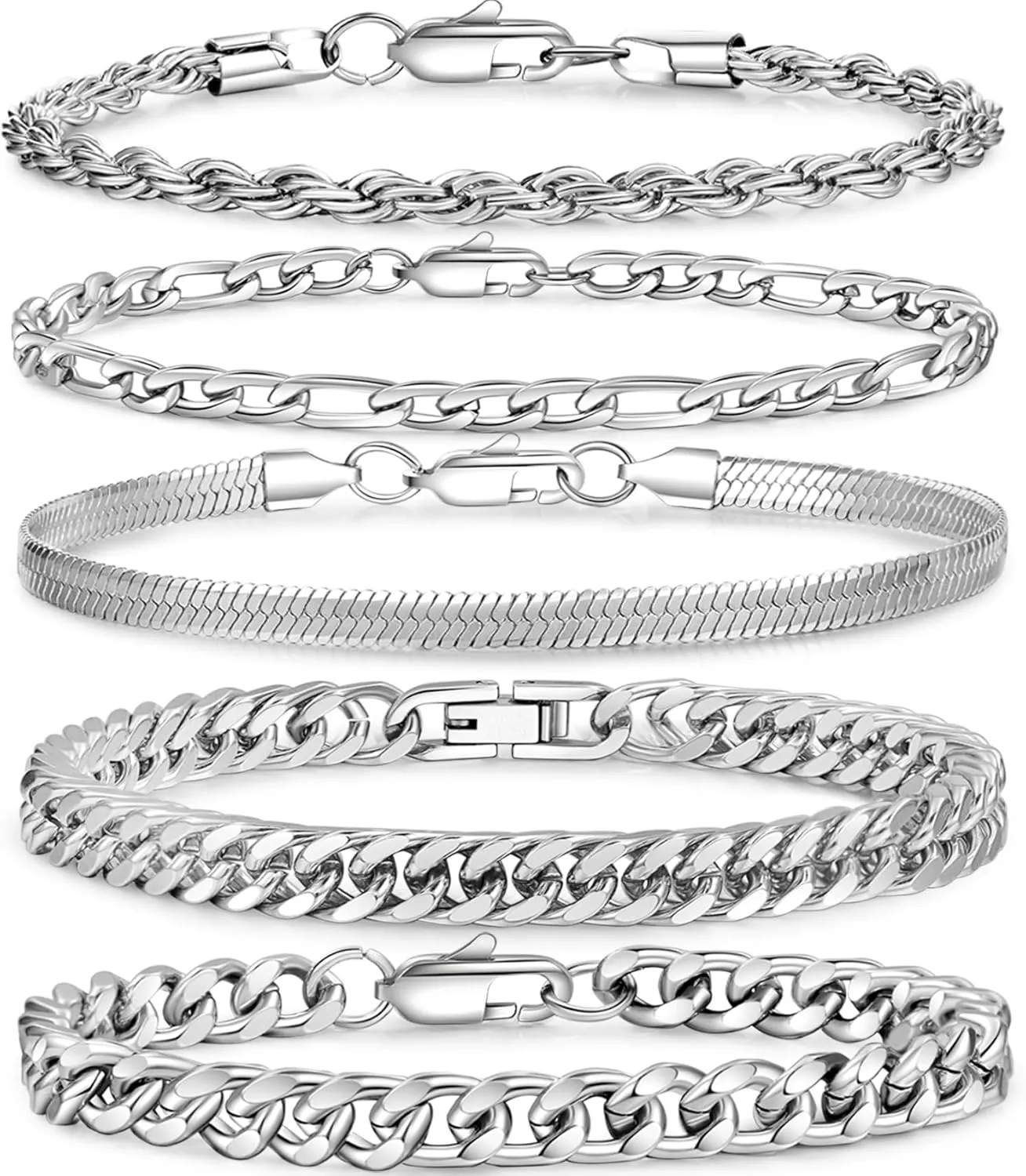 5Pcs Stainless Steel Bracelets for Men, Sturdy Mens Chain Bracelet Set, Exquisite Silver Cuban Link Chain Bracelet for Men Women Father 6.5/7.5/8.3/9inch