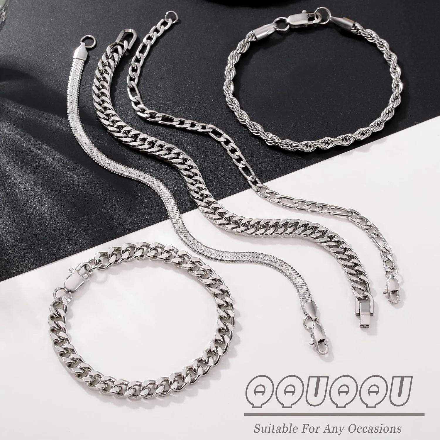 5Pcs Stainless Steel Bracelets for Men, Sturdy Mens Chain Bracelet Set, Exquisite Silver Cuban Link Chain Bracelet for Men Women Father 6.5/7.5/8.3/9inch