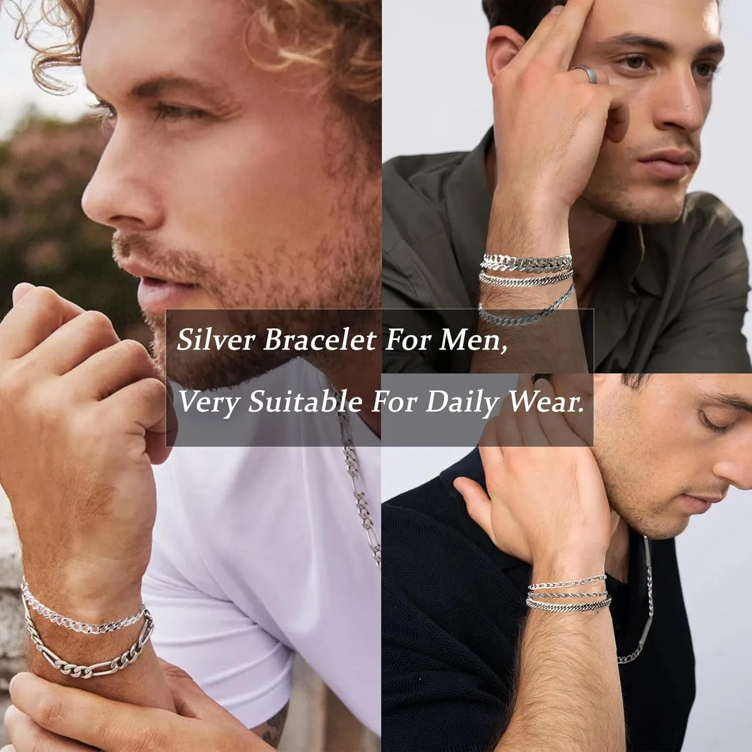 5Pcs Stainless Steel Bracelets for Men, Sturdy Mens Chain Bracelet Set, Exquisite Silver Cuban Link Chain Bracelet for Men Women Father 6.5/7.5/8.3/9inch