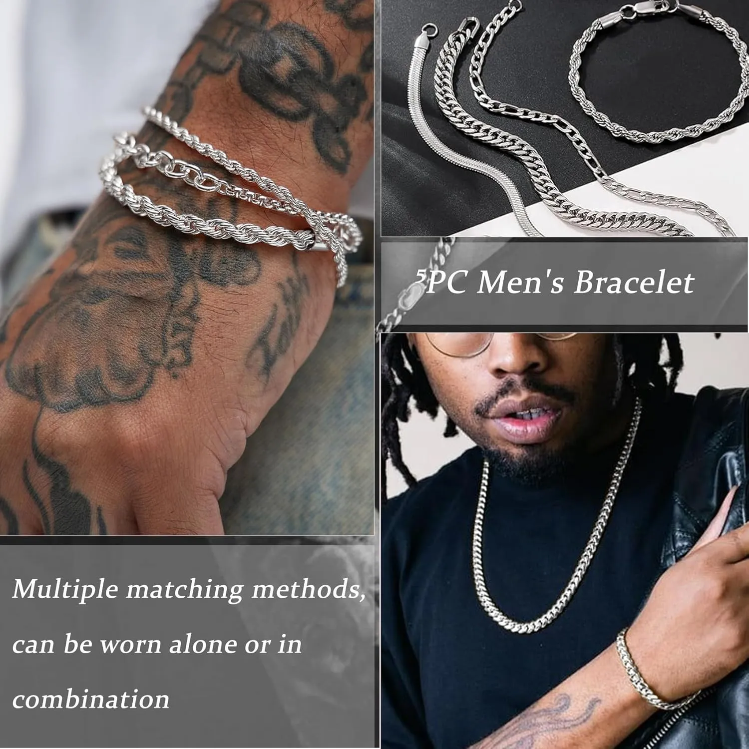 5Pcs Stainless Steel Bracelets for Men, Sturdy Mens Chain Bracelet Set, Exquisite Silver Cuban Link Chain Bracelet for Men Women Father 6.5/7.5/8.3/9inch
