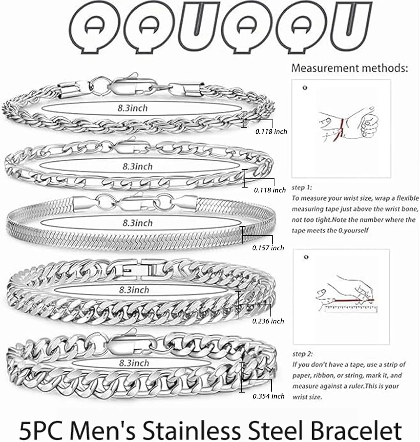 5Pcs Stainless Steel Bracelets for Men, Sturdy Mens Chain Bracelet Set, Exquisite Silver Cuban Link Chain Bracelet for Men Women Father 6.5/7.5/8.3/9inch
