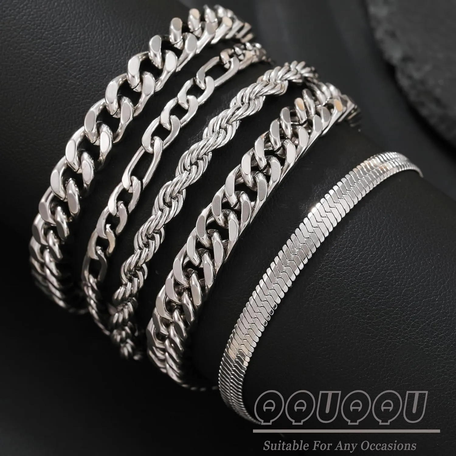 5Pcs Stainless Steel Bracelets for Men, Sturdy Mens Chain Bracelet Set, Exquisite Silver Cuban Link Chain Bracelet for Men Women Father 6.5/7.5/8.3/9inch