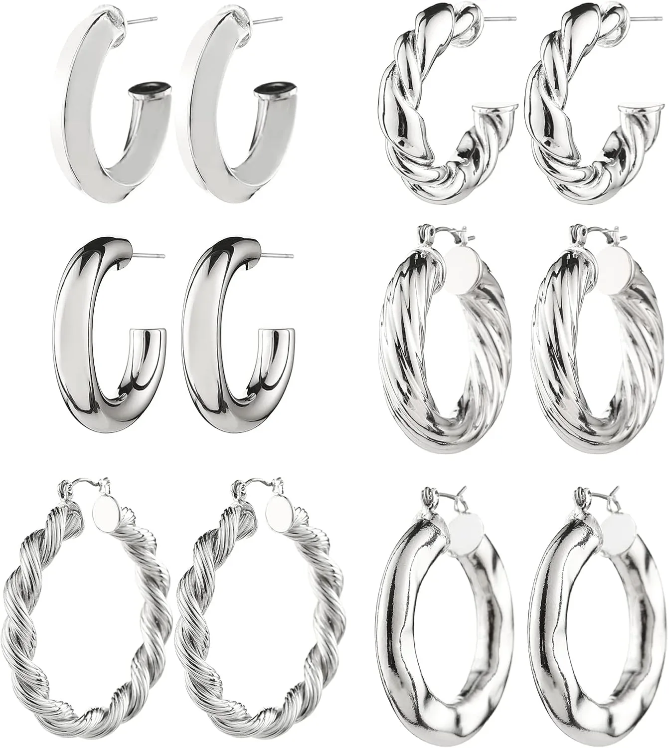 6 Pairs Gold Chunky Hoop Earrings for Women,14K Gold Plated Twisted Huggie Hoop Earring Set Hypoallergenic,Thick Open Hoop Earrings Packs Lightweight.