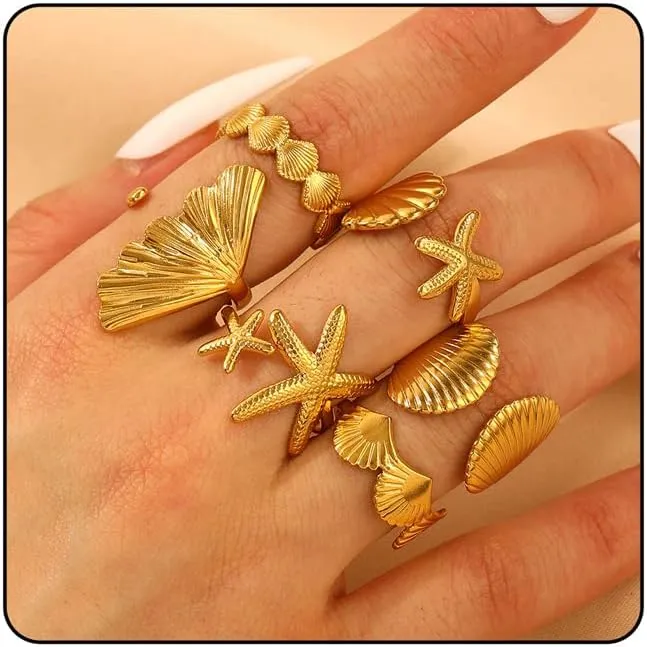 6Pcs Gold Set Seashell Starfish Ring For Women, 18k Gold Dainty Summer Beach Wave Stainless Steel Stackable Rings Adjustable Surfer Fashion Beachy Jewelry Gifts