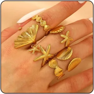 6Pcs Gold Set Seashell Starfish Ring For Women, 18k Gold Dainty Summer Beach Wave Stainless Steel Stackable Rings Adjustable Surfer Fashion Beachy Jewelry Gifts
