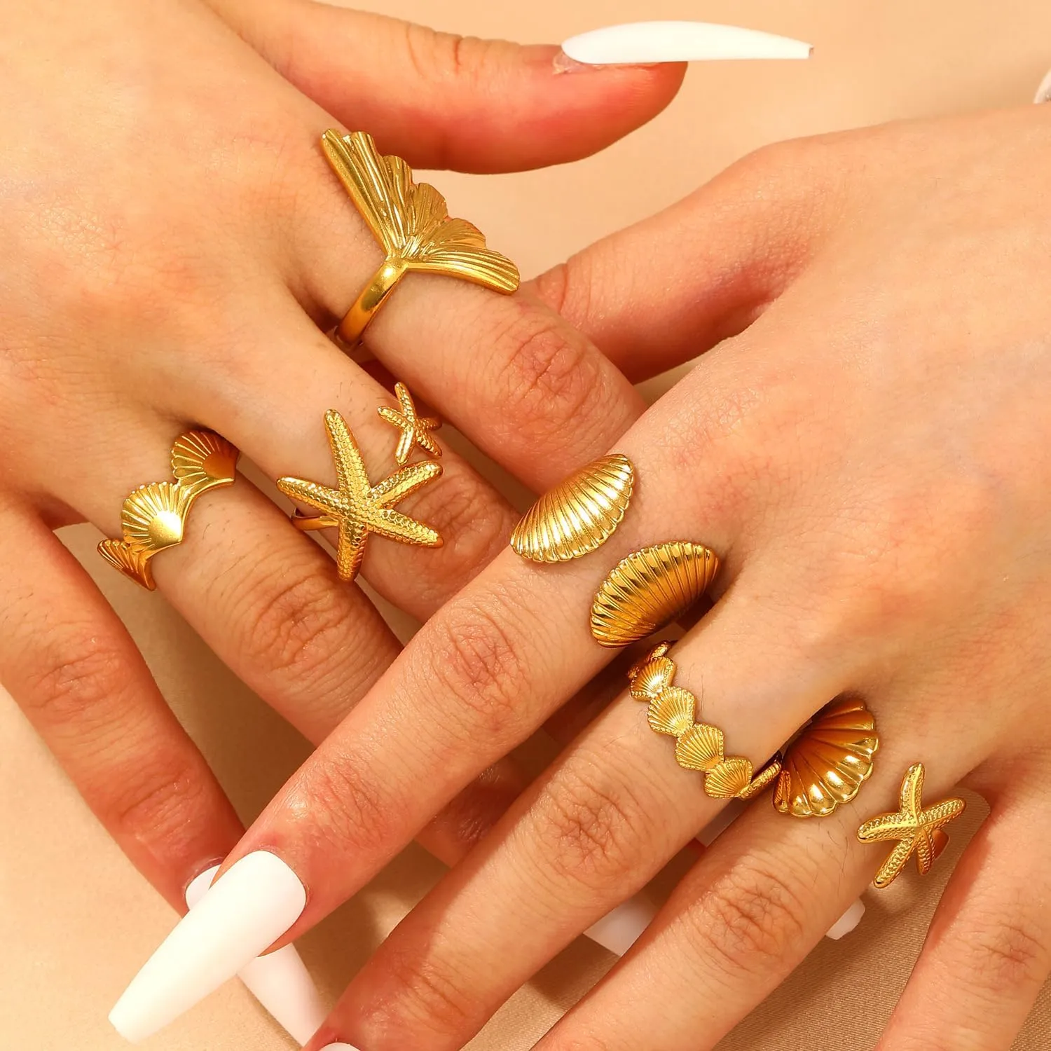 6Pcs Gold Set Seashell Starfish Ring For Women, 18k Gold Dainty Summer Beach Wave Stainless Steel Stackable Rings Adjustable Surfer Fashion Beachy Jewelry Gifts