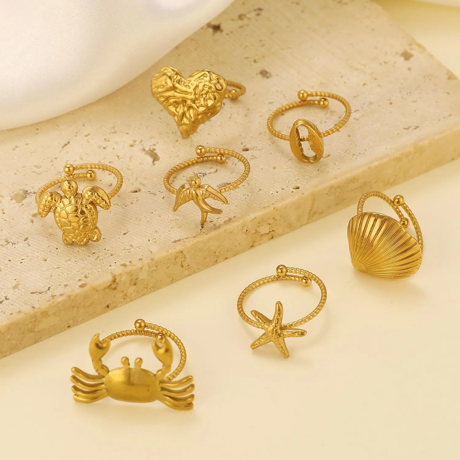 6Pcs Gold Set Seashell Starfish Ring For Women, 18k Gold Dainty Summer Beach Wave Stainless Steel Stackable Rings Adjustable Surfer Fashion Beachy Jewelry Gifts