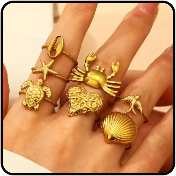 6Pcs Gold Set Seashell Starfish Ring For Women, 18k Gold Dainty Summer Beach Wave Stainless Steel Stackable Rings Adjustable Surfer Fashion Beachy Jewelry Gifts
