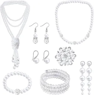 8Pcs Pearl Necklace and Earring Set for Women Faux Pearl Costume Jewelry Set with Bracelets, Necklace, Earrings, Brooch Pin for Wedding Bridal Birthday Party