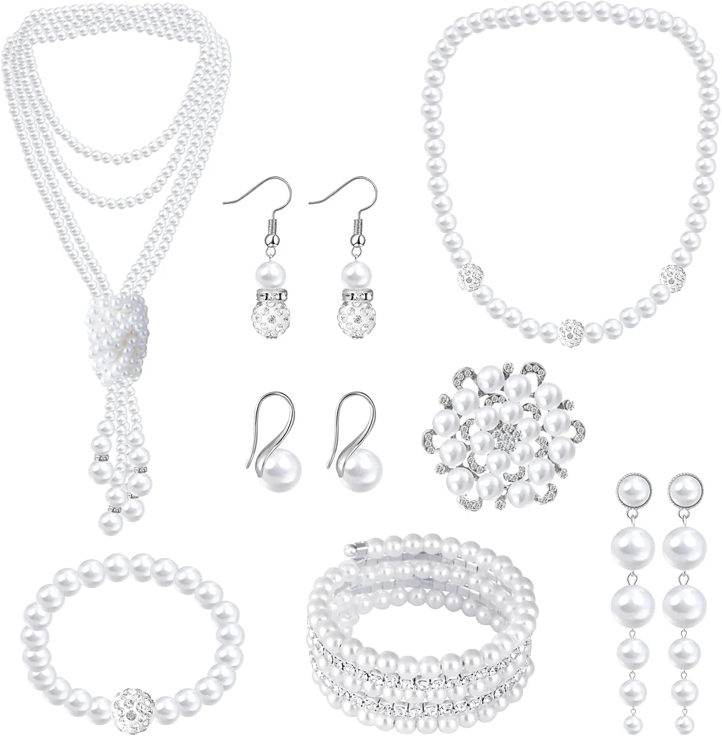 8Pcs Pearl Necklace and Earring Set for Women Faux Pearl Costume Jewelry Set with Bracelets, Necklace, Earrings, Brooch Pin for Wedding Bridal Birthday Party