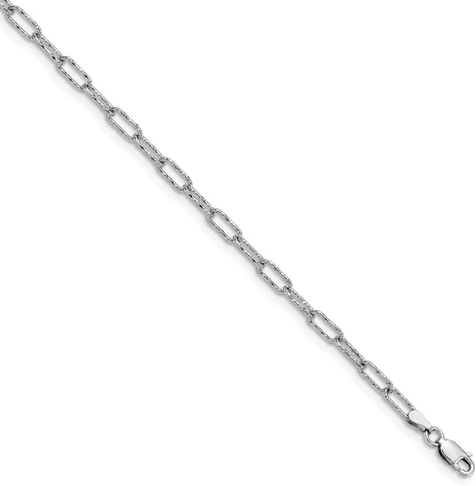 925 Rhodium Plated Sterling Silver Polished Textured Link Anklet