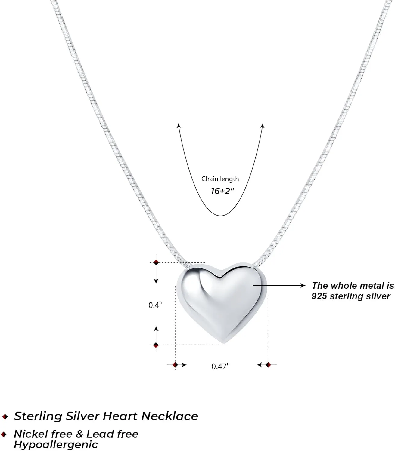925 Sterling Silver Heart Pendant Necklaces for Women, Silver Heart Necklace for Women Mom Birthday