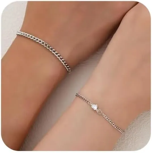 925 Sterling Silver Love Heart Chain Bracelet - Matching Couple Bracelets for Him and Her