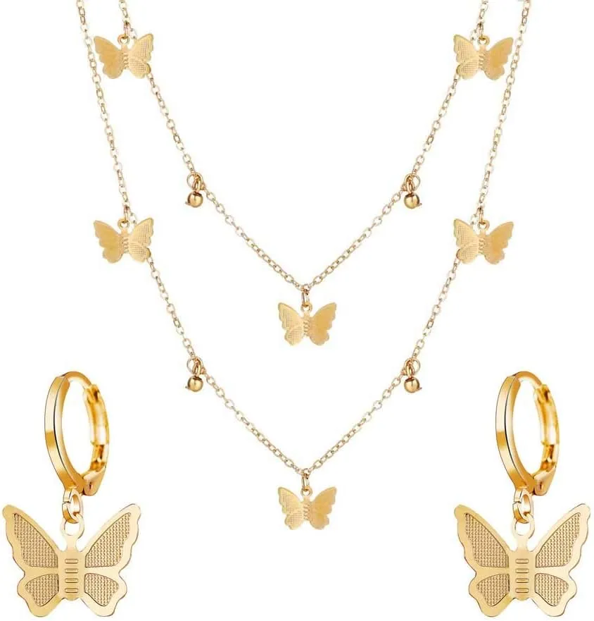 Adjustable Butterfly Pendant Necklace Earrings Set for Women Butterfly Pendant Choker Butterfly Hoop Earrings Jewelry (Gold Set)