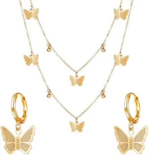 Adjustable Butterfly Pendant Necklace Earrings Set for Women Butterfly Pendant Choker Butterfly Hoop Earrings Jewelry (Gold Set)