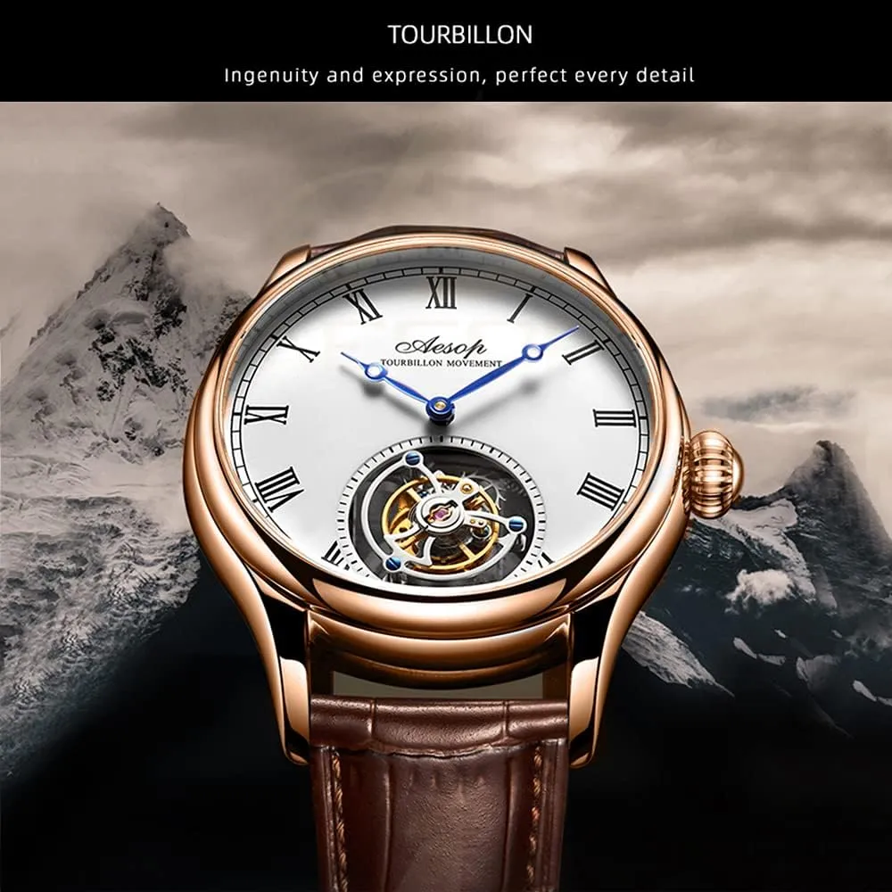 AESOP Men Mechanical Tourbillon Watches Hand Wind Sapphire Stainless Steel Skeleton Wrist Watches 50M Waterproof Luxury Business Watch with Genuine Leather Strap