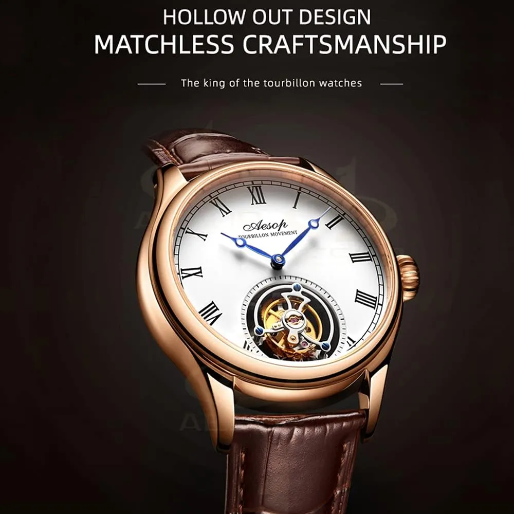 AESOP Men Mechanical Tourbillon Watches Hand Wind Sapphire Stainless Steel Skeleton Wrist Watches 50M Waterproof Luxury Business Watch with Genuine Leather Strap