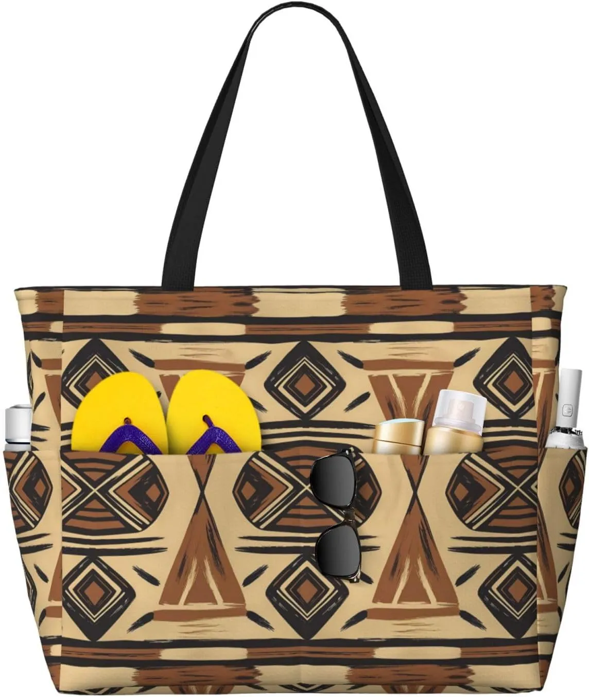 African elements Print 28L Large Beach Tote Bag, 7 Pockets Waterproof Travel Shoulder Bag, Gym Oversized Tote