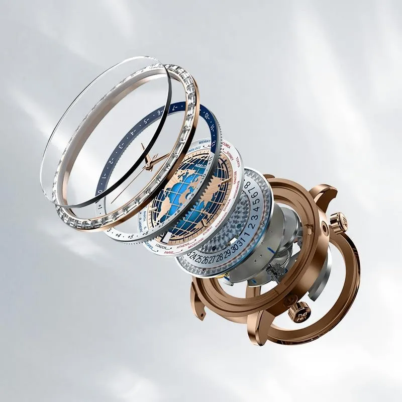 AGELOCER Mechanical Automatic Watch for Men, Blue Planet/Sapphire Mirror/Leather Strap/World Time Business Wrist Watches