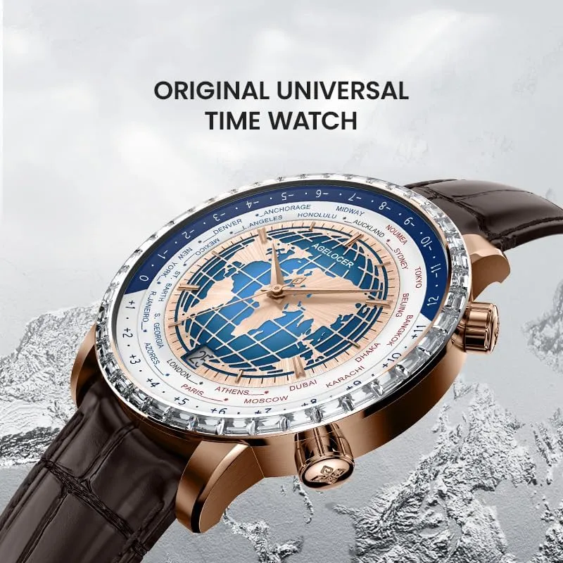 AGELOCER Mechanical Automatic Watch for Men, Blue Planet/Sapphire Mirror/Leather Strap/World Time Business Wrist Watches