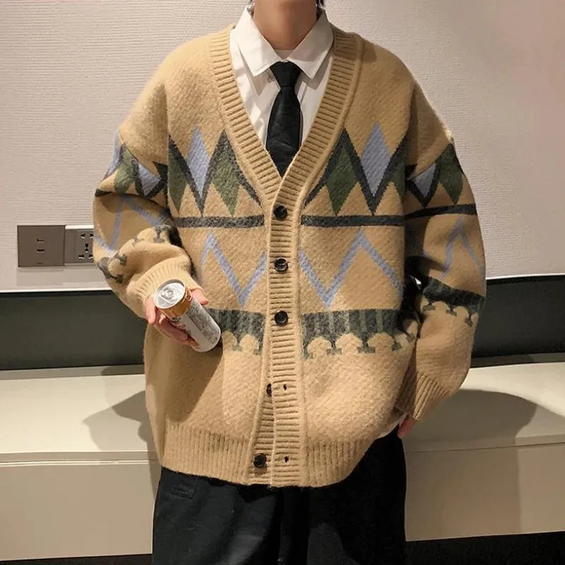 Aidase Argyle Cardigans Men Classic Advanced Youthful Japanese Style V-neck Panelled Spring Autumn  Slouchy Knitwear Popular