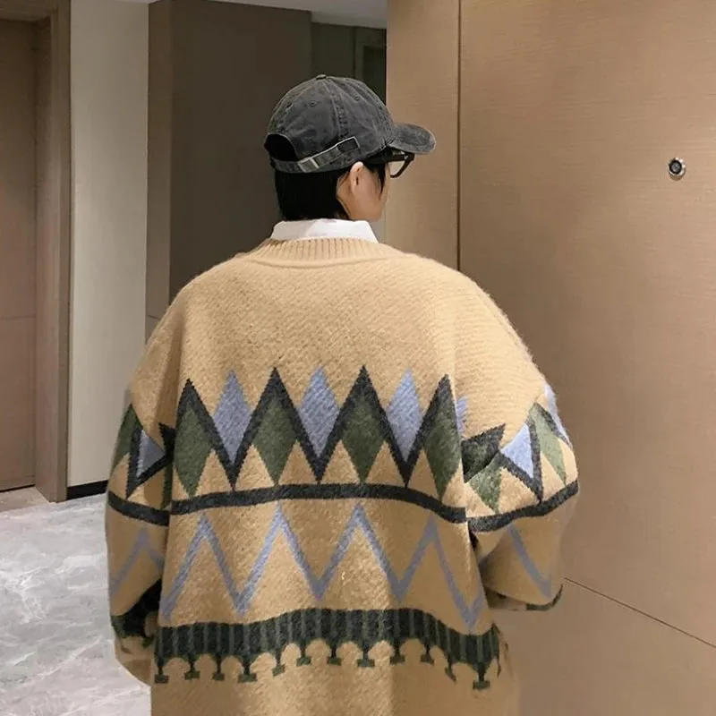 Aidase Argyle Cardigans Men Classic Advanced Youthful Japanese Style V-neck Panelled Spring Autumn  Slouchy Knitwear Popular