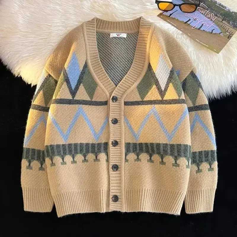 Aidase Argyle Cardigans Men Classic Advanced Youthful Japanese Style V-neck Panelled Spring Autumn  Slouchy Knitwear Popular