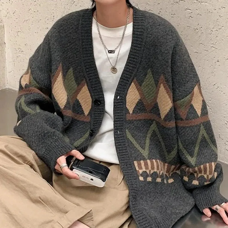 Aidase Argyle Cardigans Men Classic Advanced Youthful Japanese Style V-neck Panelled Spring Autumn  Slouchy Knitwear Popular