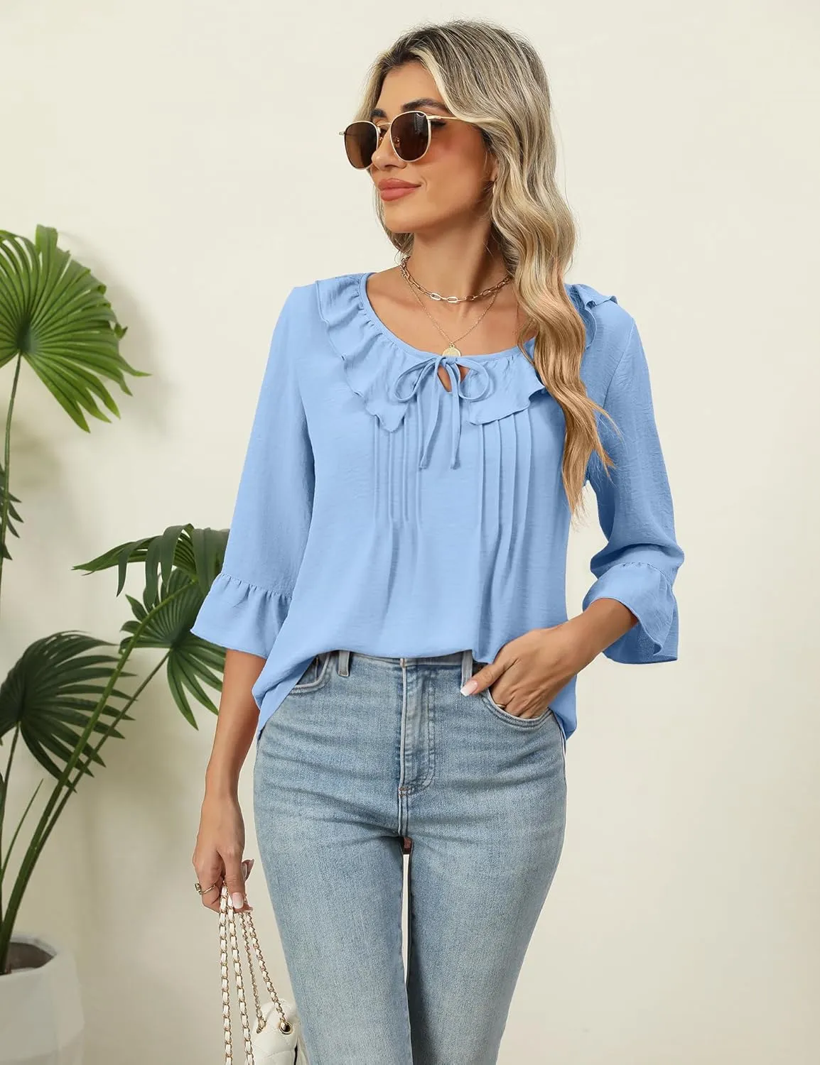 AKEWEI Womens 3/4 Length Sleeve Scoop Neck Tops Summer Tie Front Ruffle Shirts Casual Bell Sleeve Pleated Blouses 2025