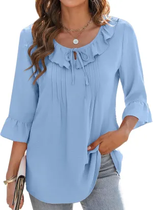 AKEWEI Womens 3/4 Length Sleeve Scoop Neck Tops Summer Tie Front Ruffle Shirts Casual Bell Sleeve Pleated Blouses 2025