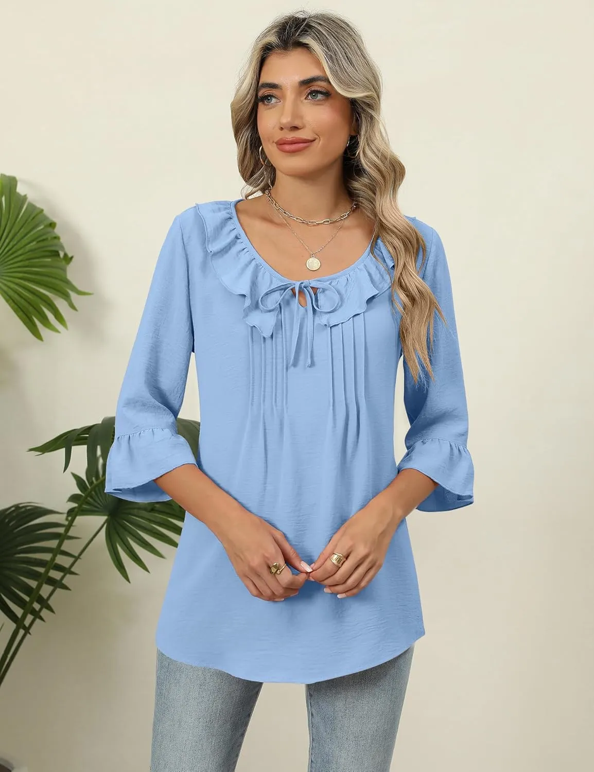 AKEWEI Womens 3/4 Length Sleeve Scoop Neck Tops Summer Tie Front Ruffle Shirts Casual Bell Sleeve Pleated Blouses 2025