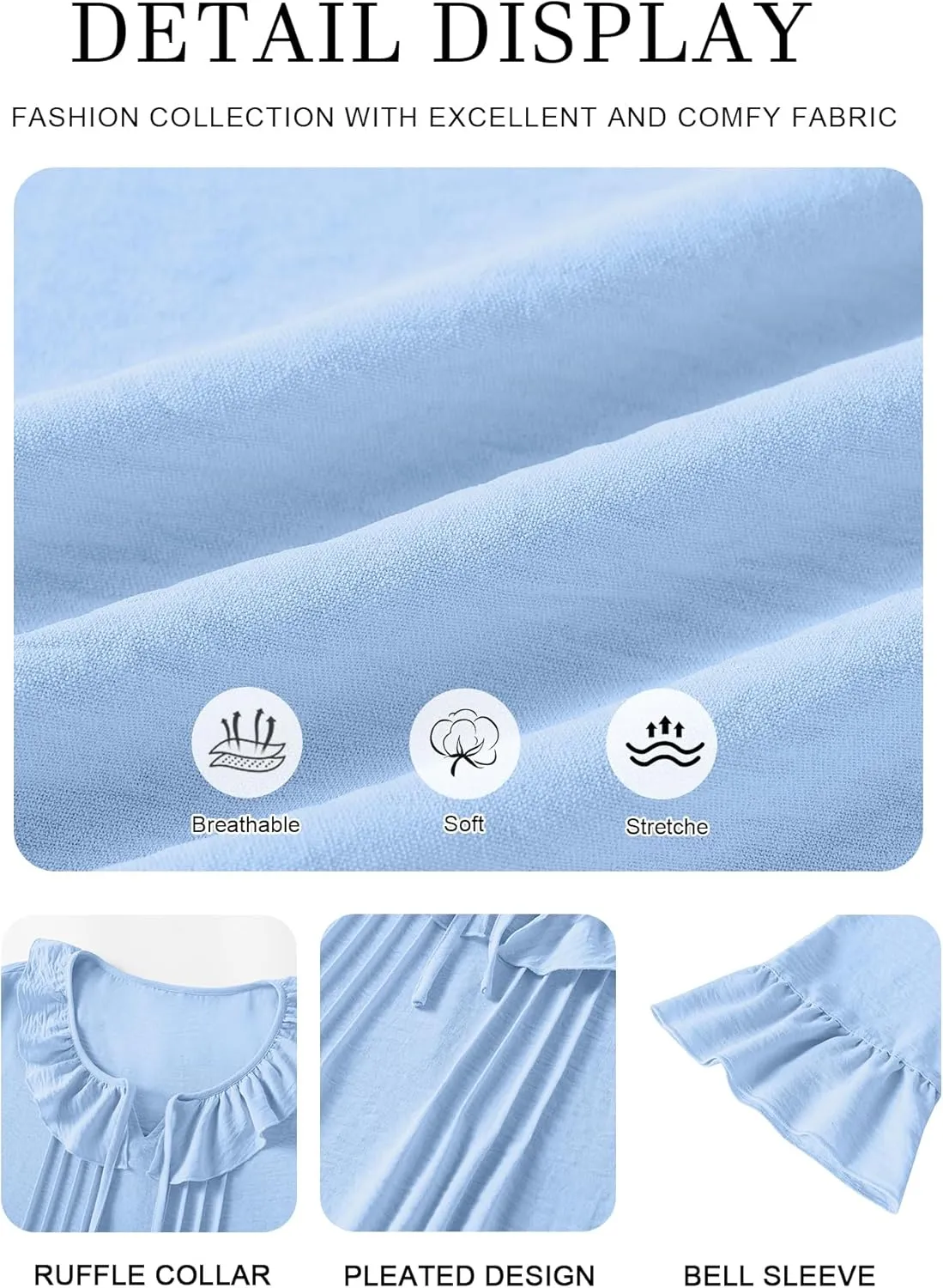 AKEWEI Womens 3/4 Length Sleeve Scoop Neck Tops Summer Tie Front Ruffle Shirts Casual Bell Sleeve Pleated Blouses 2025