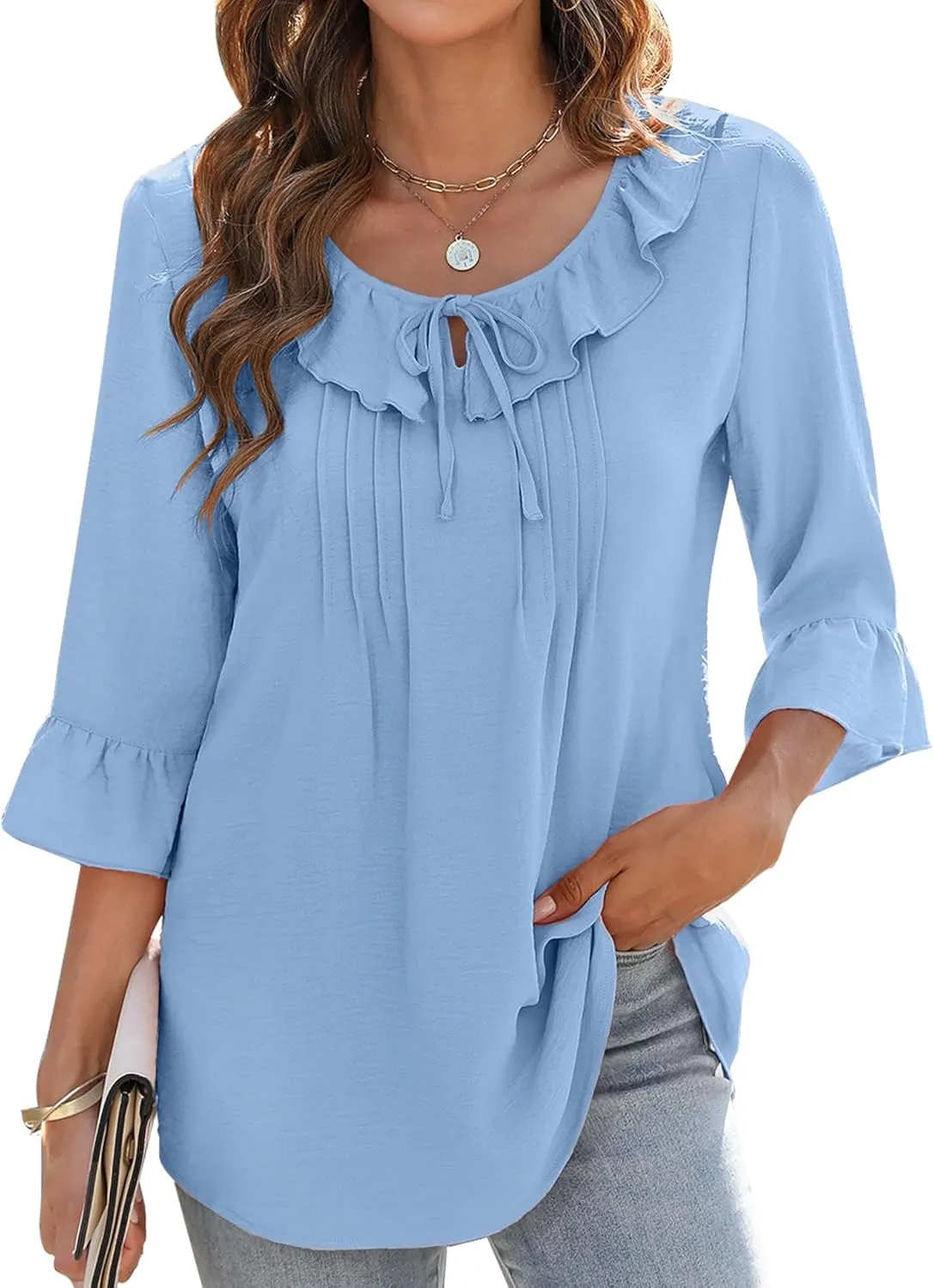 AKEWEI Womens 3/4 Length Sleeve Scoop Neck Tops Summer Tie Front Ruffle Shirts Casual Bell Sleeve Pleated Blouses 2025