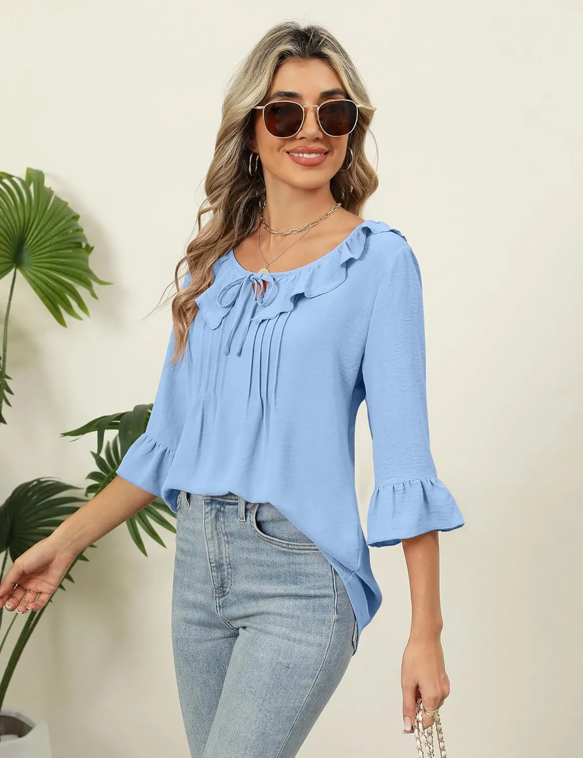AKEWEI Womens 3/4 Length Sleeve Scoop Neck Tops Summer Tie Front Ruffle Shirts Casual Bell Sleeve Pleated Blouses 2025