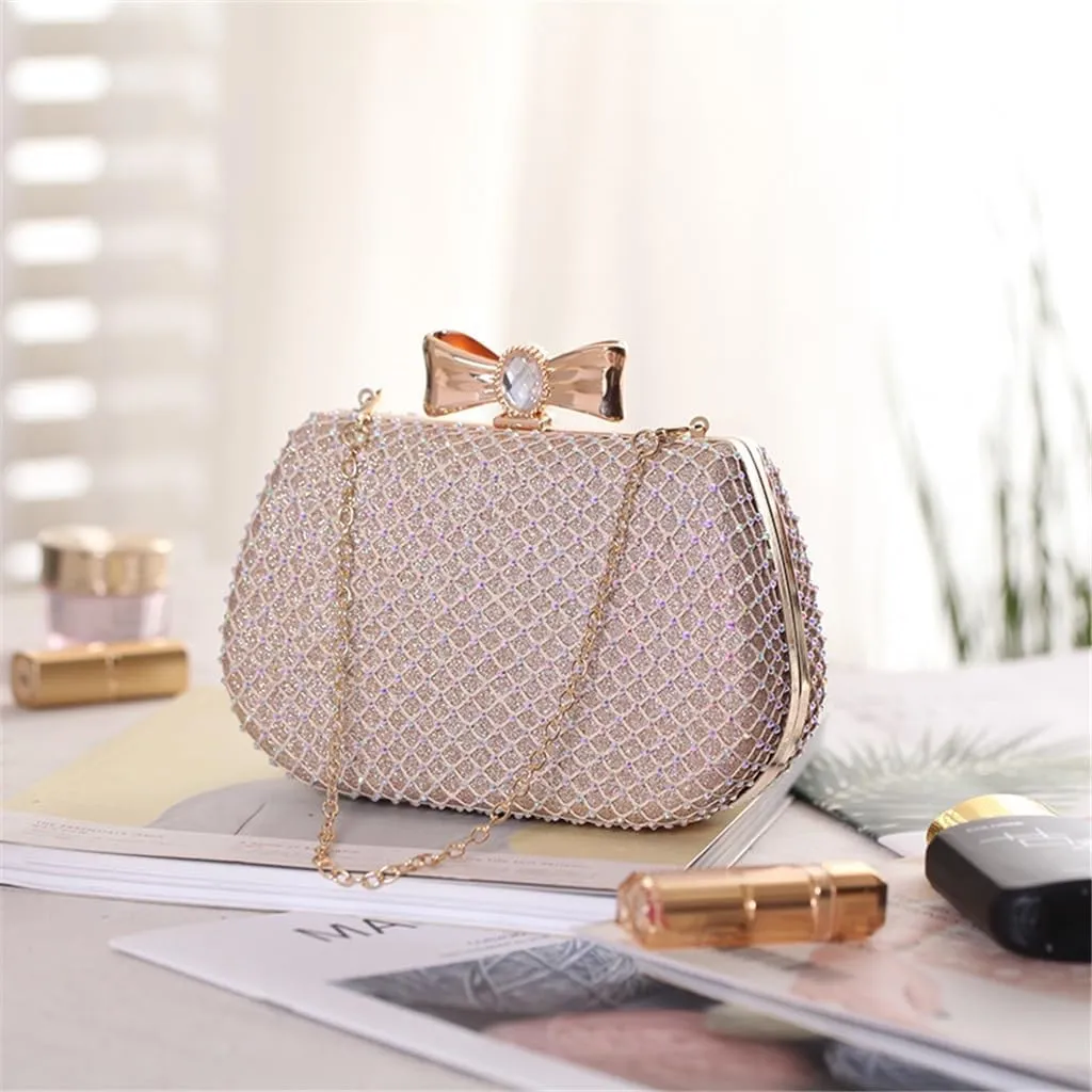Alloy Studded mesh Diamond Evening Party Bag Clutch Women's Bag Bow Women's Bag(E)