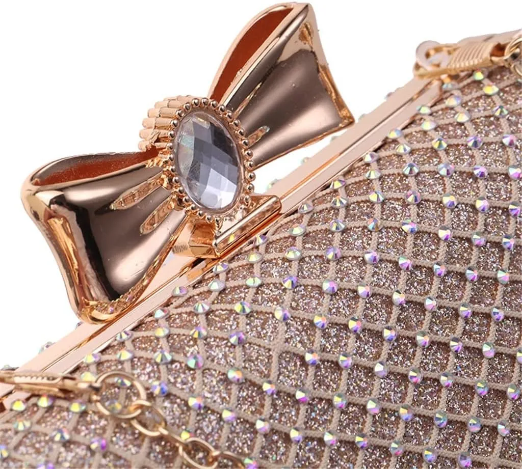 Alloy Studded mesh Diamond Evening Party Bag Clutch Women's Bag Bow Women's Bag(E)